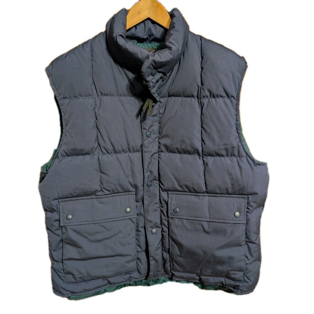 Vtg Eddie Bauer Puffer Down Vest Men's XL Navy Blue Zipper Snap Drawstring Gorp
